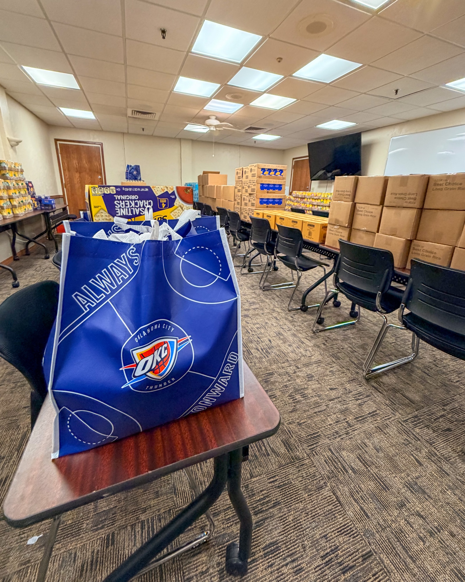 boxes of donated food