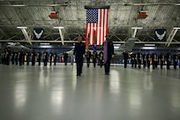 U.S. Air Force Honor Guard members stand at attention for the playing of the national anthem during a rehearsal for U.S. Air Force Gen. Ken Wilsbach’s assumption of responsibility as the 24th Chief of Staff of the Air Force at Joint Base Andrews, Md., Nov. 18, 2025.