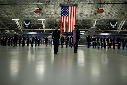 U.S. Air Force Honor Guard members stand at attention for the playing of the national anthem during a rehearsal for U.S. Air Force Gen. Ken Wilsbach’s assumption of responsibility as the 24th Chief of Staff of the Air Force at Joint Base Andrews, Md., Nov. 18, 2025.