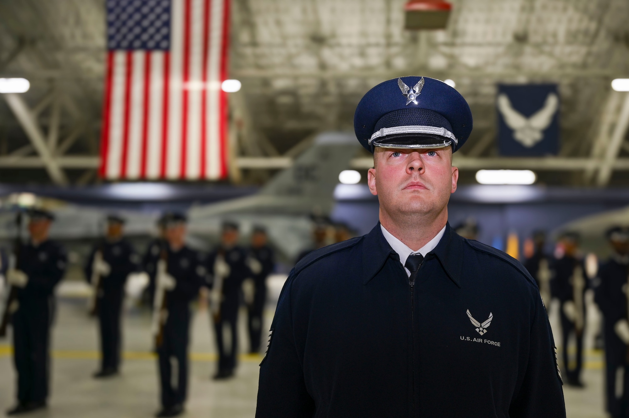 U.S. Air Force Tech. Sgt. Matthew Harding, flight commander and noncommissioned officer in charge of the firing party, stands at attention during a rehearsal for the assumption of responsibility for U.S. Air Force Gen. Ken Wislbach, the 24th Chief of Staff of the Air Force at Joint Base Andrews, Md., Nov. 18, 2025.