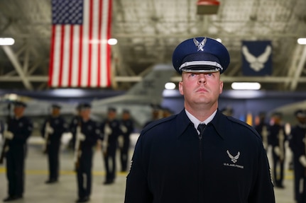 U.S. Air Force Tech. Sgt. Matthew Harding, flight commander and noncommissioned officer in charge of the firing party, stands at attention during a rehearsal for the assumption of responsibility for U.S. Air Force Gen. Ken Wislbach, the 24th Chief of Staff of the Air Force at Joint Base Andrews, Md., Nov. 18, 2025.