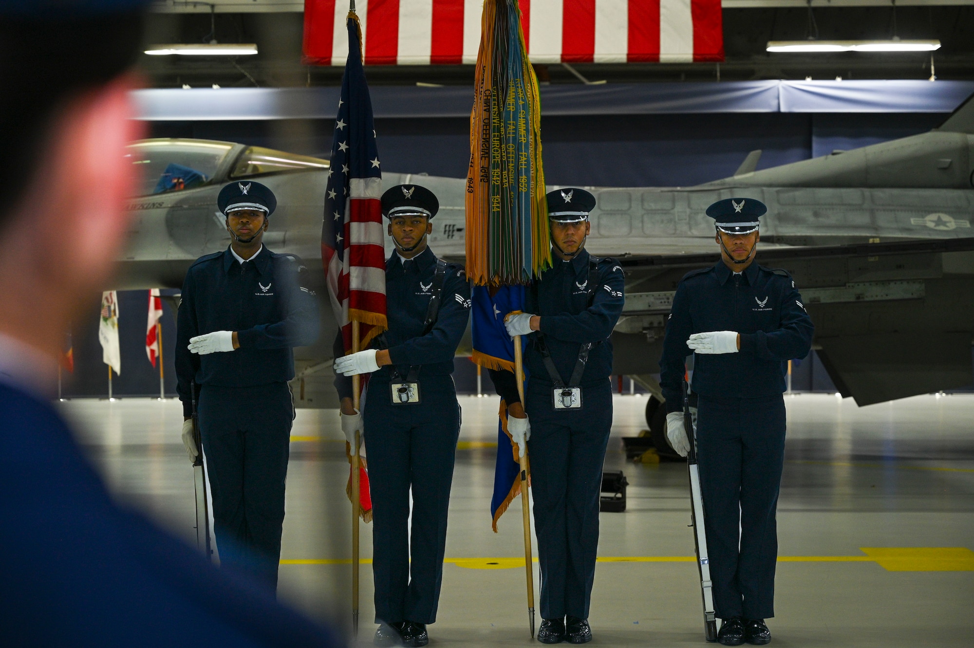 Members of the U.S. Air Force Color Guard stand at attention before the playing of the national anthem during the rehearsal for the assumption of responsibility for U.S. Air Force Gen. Kenneth Wislbach, the 24th Chief of Staff of the Air Force at Joint Base Andrews, Md., Nov. 18, 2025.