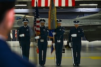 Members of the U.S. Air Force Color Guard stand at attention before the playing of the national anthem during the rehearsal for the assumption of responsibility for U.S. Air Force Gen. Kenneth Wislbach, the 24th Chief of Staff of the Air Force at Joint Base Andrews, Md., Nov. 18, 2025.