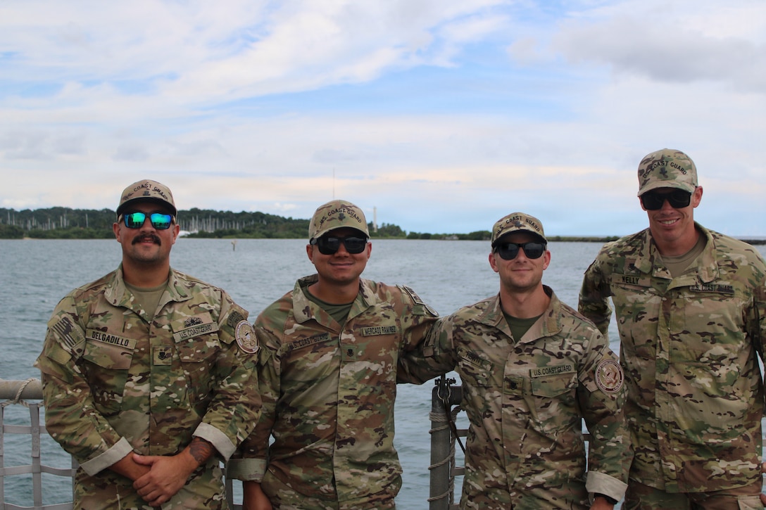 A U.S. Coast Guard law enforcement team poses for a photo aboard the Coast Guard Cutter Tampa (WMEC 902) while anchored in Colon, Panama, on Sept. 29, 2025. The team deployed in support of counterdrug operations in the Eastern Pacific. (U.S. Coast Guard photo by Ensign Isaac Magee)