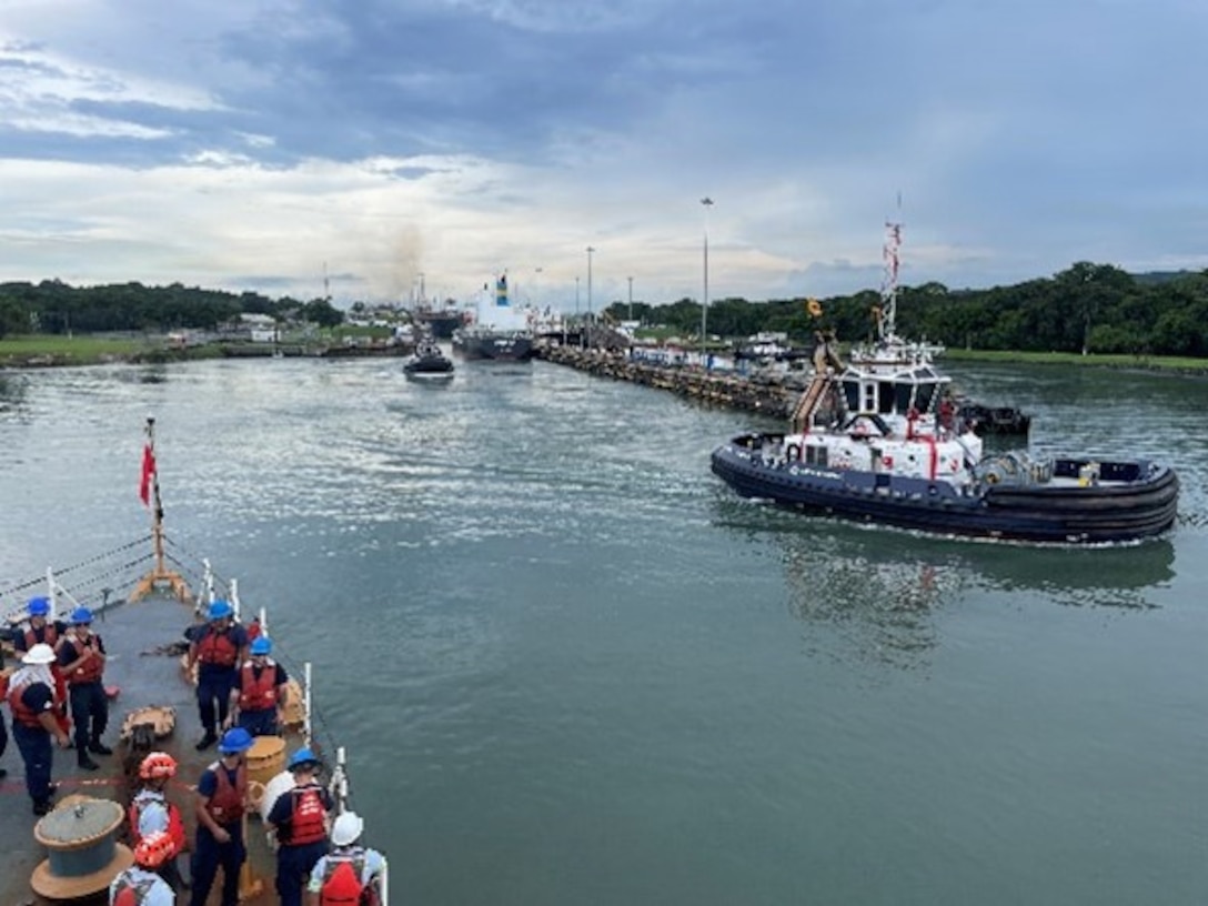 The Coast Guard Cutter Tampa (WMEC 902) navigates through the Panama Canal in Colon, Panama, on Sept. 30, 2025. Tampa’s crew deployed in support of counterdrug operations in the Eastern Pacific. (U.S. Coast Guard photo by Lt. j.g. David Cecil)