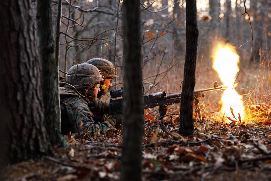 Two Marines in combat gear lie on the ground, one firing a large machine gun, in a wooded area during daytime.
