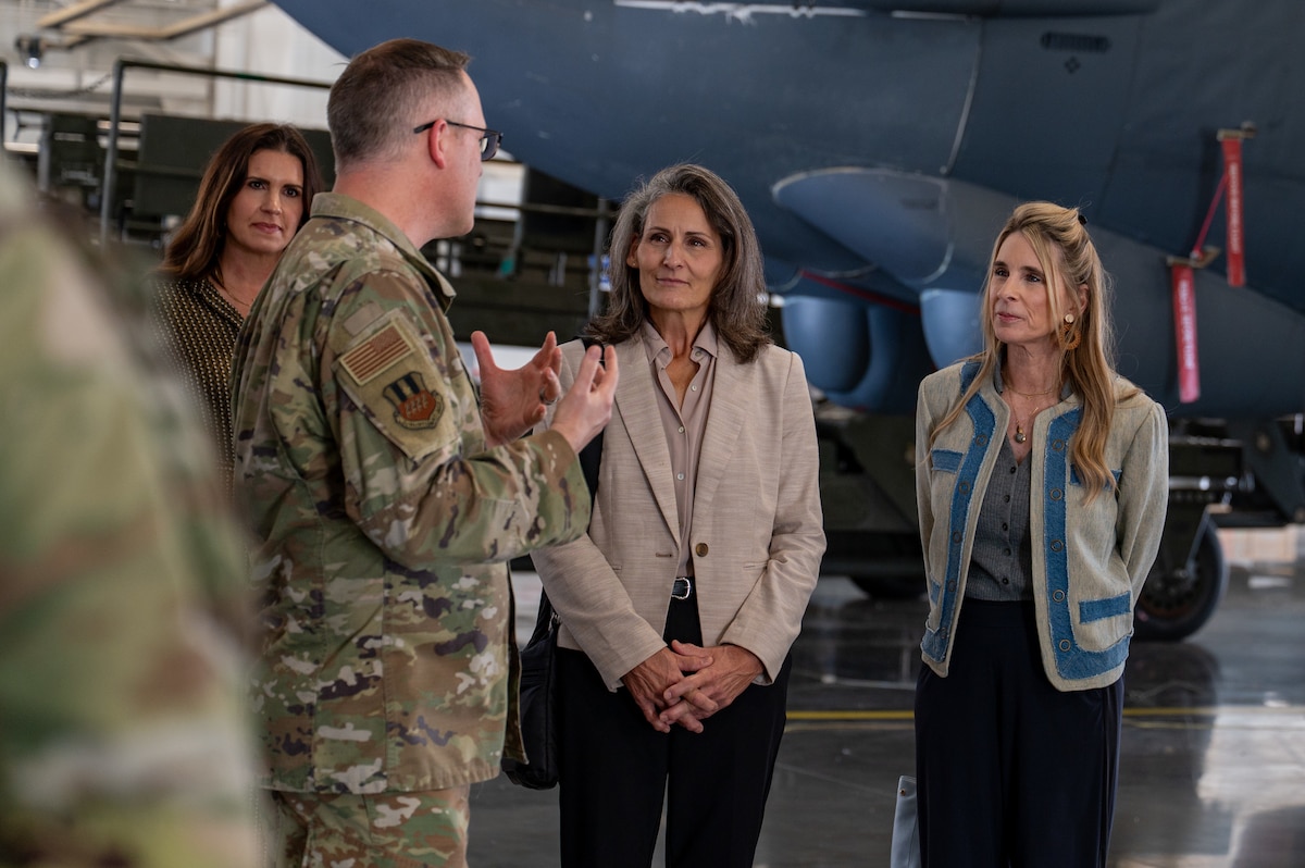 Ms. Nancy Davis, left, wife of Air Force Global Strike Command commander Gen. S.L. Davis, and Ms. Cindy Wilsbach, right, wife of U.S. Air Force Chief of Staff Gen. Ken Wilsbach, receive a B-52H Stratofortress immersion during a visit at Barksdale Air Force Base, Louisiana, Nov. 19, 2025. Immersions such as these provide a first-hand look at how Barksdale Airmen support CSAF’s top focus area of flying and fixing aircraft. (U.S. Air Force photo by Airman 1st Class Jaiyah Lewis)