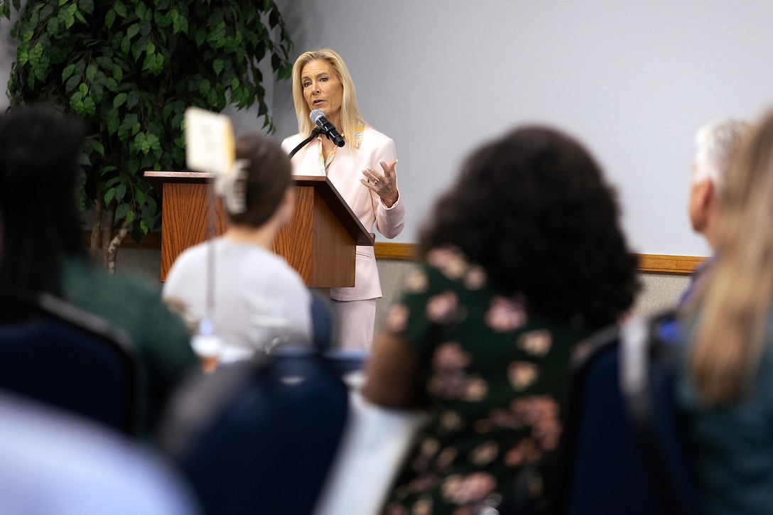 Jacksonville Mayor Donna Deegan recognizes local environmental efforts during the Environmental Achievement Awards luncheon Nov. 21, 2025, at the University of North Florida’s Adam W. Herbert University Center in Jacksonville, Florida. Sitting up front, Taylor Comstock, environmental protection specialist at Marine Corps Support Facility Blount Island, would later accept the Government and Institutional Achievement Award from the Jacksonville Environmental Protection Board. (Official Marine Corps photo by Dustin Senger)