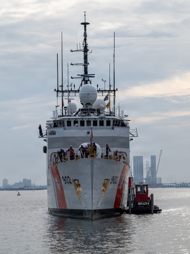 The Coast Guard Cutter Tampa (WMEC 902) returns home to Portsmouth, Virginia, Nov. 21, 2025, following a 67-day deployment. Tampa’s crew deployed in support of counterdrug operations in the Eastern Pacific. (U.S. Coast Guard photo Petty Officer 3rd Class Mason Svitenko)