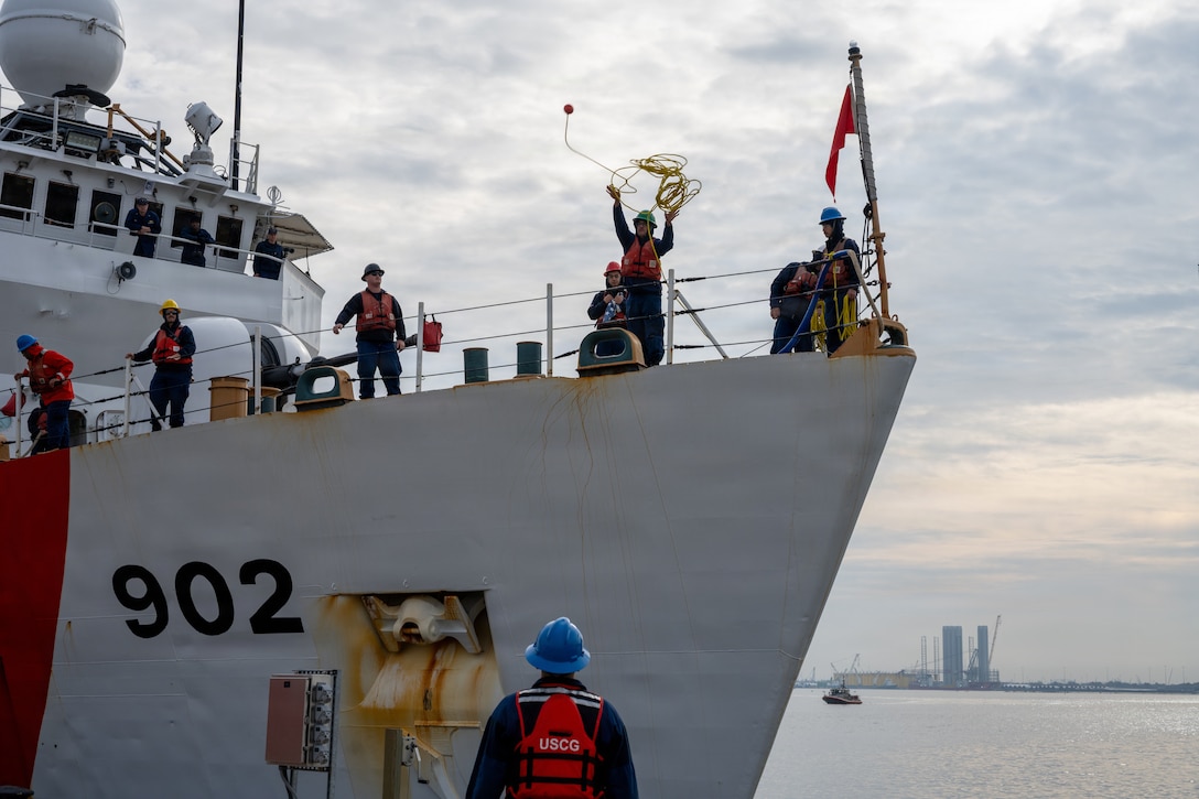Coast Guard crewmembers assigned to Coast Guard Cutter Tampa (WMEC 902) perform special sea detail evolutions as the cutter returns to homeport in Portsmouth, Virginia, on Nov. 21, 2025. Tampa’s crew deployed in support of counterdrug operations in the Eastern Pacific. (U.S. Coast Guard photo by Petty Officer 3rd Class Mason Svitenko)