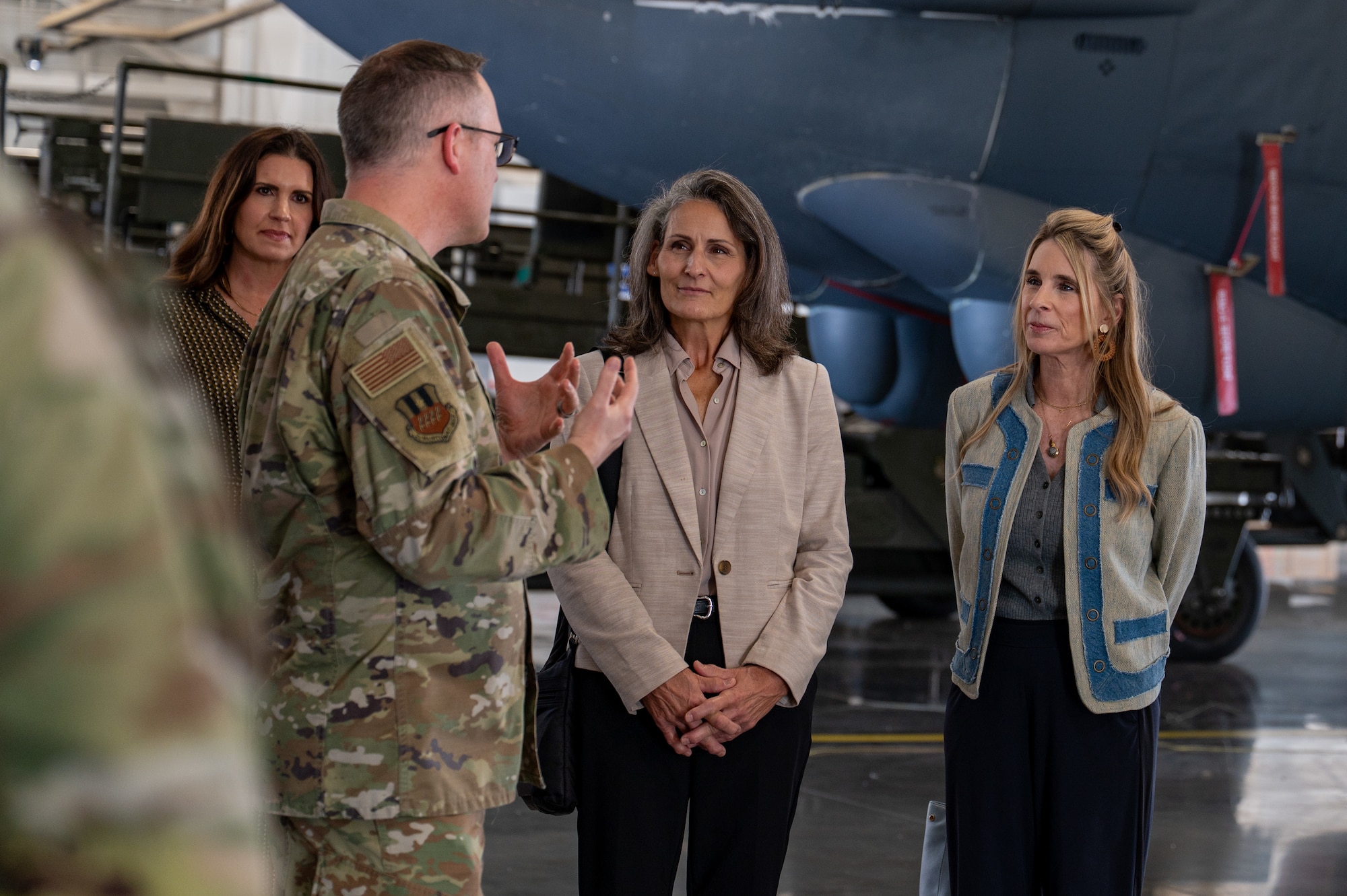 Ms. Nancy Davis, left, wife of Air Force Global Strike Command commander Gen. S.L. Davis, and Ms. Cindy Wilsbach, right, wife of U.S. Air Force Chief of Staff Gen. Ken Wilsbach, receive a B-52H Stratofortress immersion during a visit at Barksdale Air Force Base, Louisiana, Nov. 19, 2025. Immersions such as these provide a first-hand look at how Barksdale Airmen support CSAF’s top focus area of flying and fixing aircraft. (U.S. Air Force photo by Airman 1st Class Jaiyah Lewis)