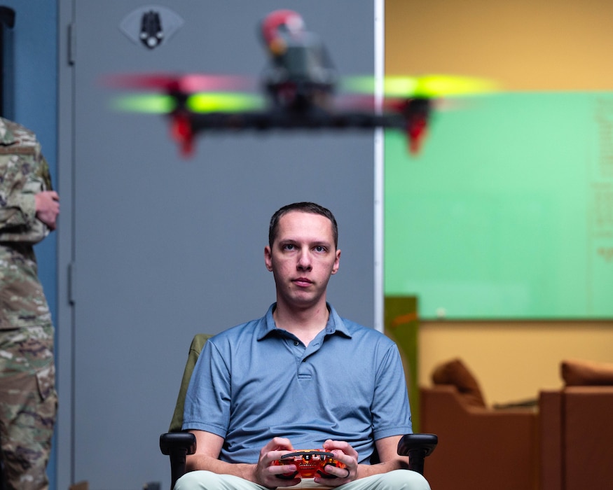 U.S. Air Force Staff Sgt. Michael Jestes, 56th Fighter Wing Fighter Country Innovation drone innovation lead, flies a small unmanned aircraft system, Nov. 21, 2025, at Luke Air Force Base, Arizona.