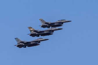 Three U.S. Air Force Fighting Falcons from the 35th Fighter Squadron depart for the Super Squadron Phase 2 test at Osan Air Base in an F-16 Fighting Falcon at Kunsan Air Base, Republic of Korea, Nov. 21, 2025.