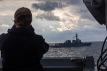 The Republic of Korea (ROK) Sejong the Great-class guided-missile destroyer ROKS Seoae Ryu Seong-ryong (DDG 993) travels alongside Arleigh Burke-class guided-missile destroyer USS Dewey (DDG 105) during the Maritime Counter Special Operations Exercise (MCSOFEX) with the ROK Navy Nov. 18, 2025.