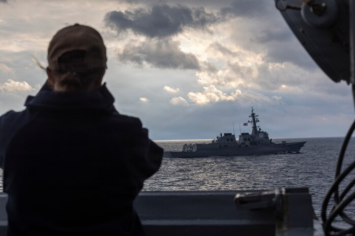 The Republic of Korea (ROK) Sejong the Great-class guided-missile destroyer ROKS Seoae Ryu Seong-ryong (DDG 993) travels alongside Arleigh Burke-class guided-missile destroyer USS Dewey (DDG 105) during the Maritime Counter Special Operations Exercise (MCSOFEX) with the ROK Navy Nov. 18, 2025.