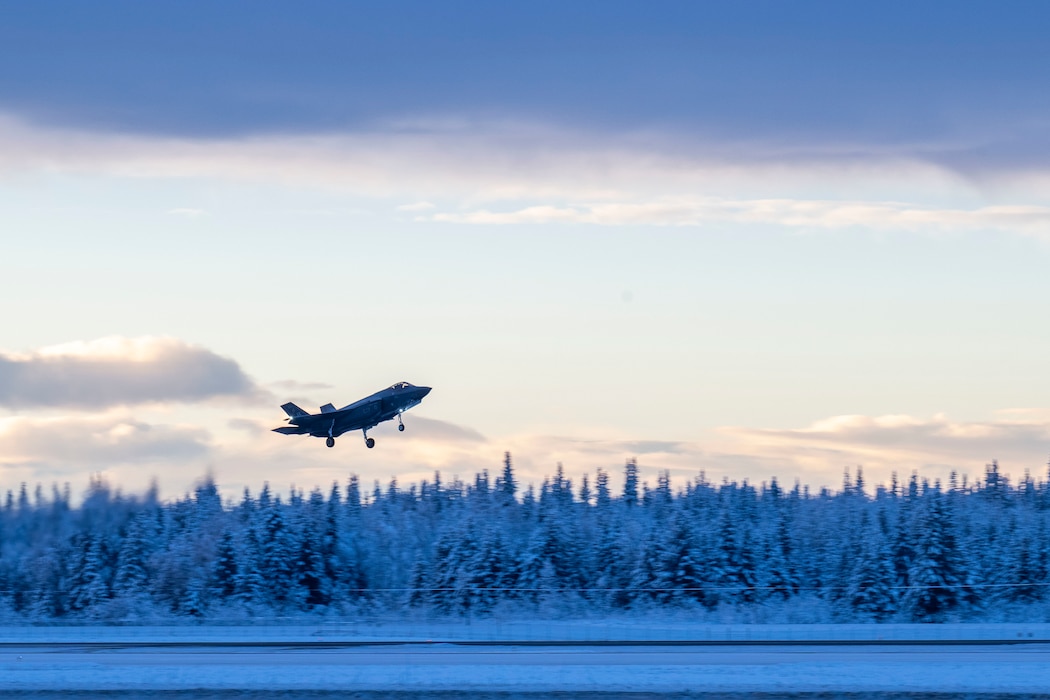 An F-35A Lightning II assigned to the 356th Fighter Squadron takes off during Arctic Gold 26-1 at Eielson Air Force Base, Alaska, Nov. 18, 2025.
