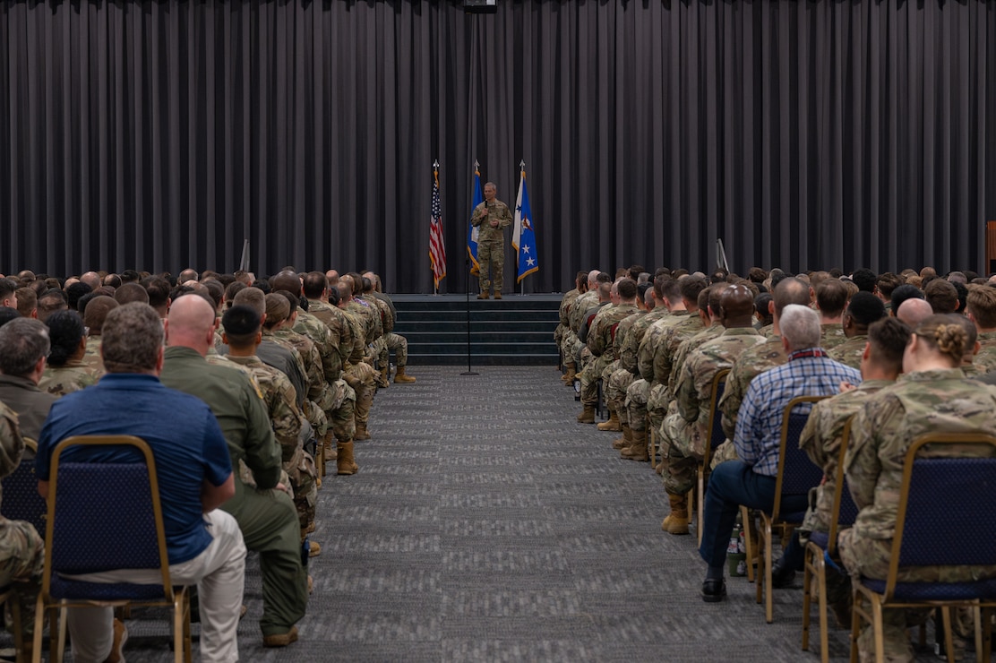 U.S. Air Force Chief of Staff Gen. Ken Wilsbach speaks during an All Call at Barksdale Air Force Base, Louisiana, Nov. 19, 2025, during his first official base visit as CSAF. Wilsbach and his wife Ms. Cindy Wilsbach, visited Barksdale AFB to engage with Air Force Global Strike Command leaders and Airmen, reinforce the need for readiness, and learn about the enduring relevance of the nuclear triad in today’s complex global environment. (U.S. Air Force photo by Senior Airman Laiken King)