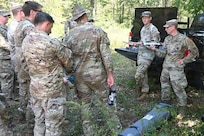 Instructors from the 166th Regiment - Regional Training Institute give a a drone familiarization class to Soldiers attending the infantry Advanced Leader Course on Sept. 4, 2025, at Fort Indiantown Gap, Pennsylvania. (Pennsylvania National Guard photo by Brad Rhen)