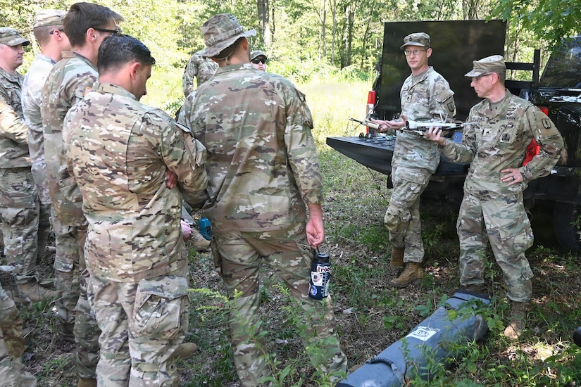 Instructors from the 166th Regiment - Regional Training Institute give a a drone familiarization class to Soldiers attending the infantry Advanced Leader Course on Sept. 4, 2025, at Fort Indiantown Gap, Pennsylvania. (Pennsylvania National Guard photo by Brad Rhen)