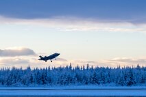 An F-35A Lightning II assigned to the 356th Fighter Squadron takes off during Arctic Gold 26-1 at Eielson Air Force Base, Alaska, Nov. 18, 2025.