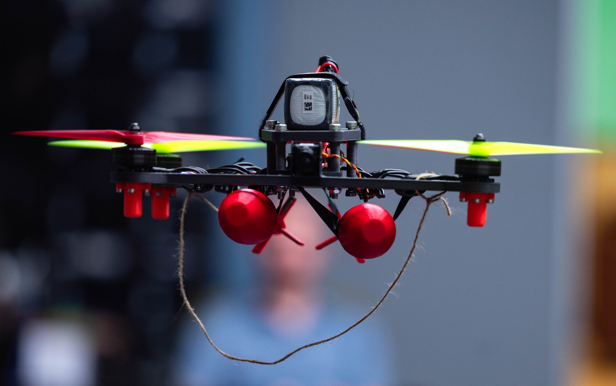 A drone flies around the Fighter Country Innovation workroom, Nov. 21, 2025, at Luke Air Force Base, Arizona.