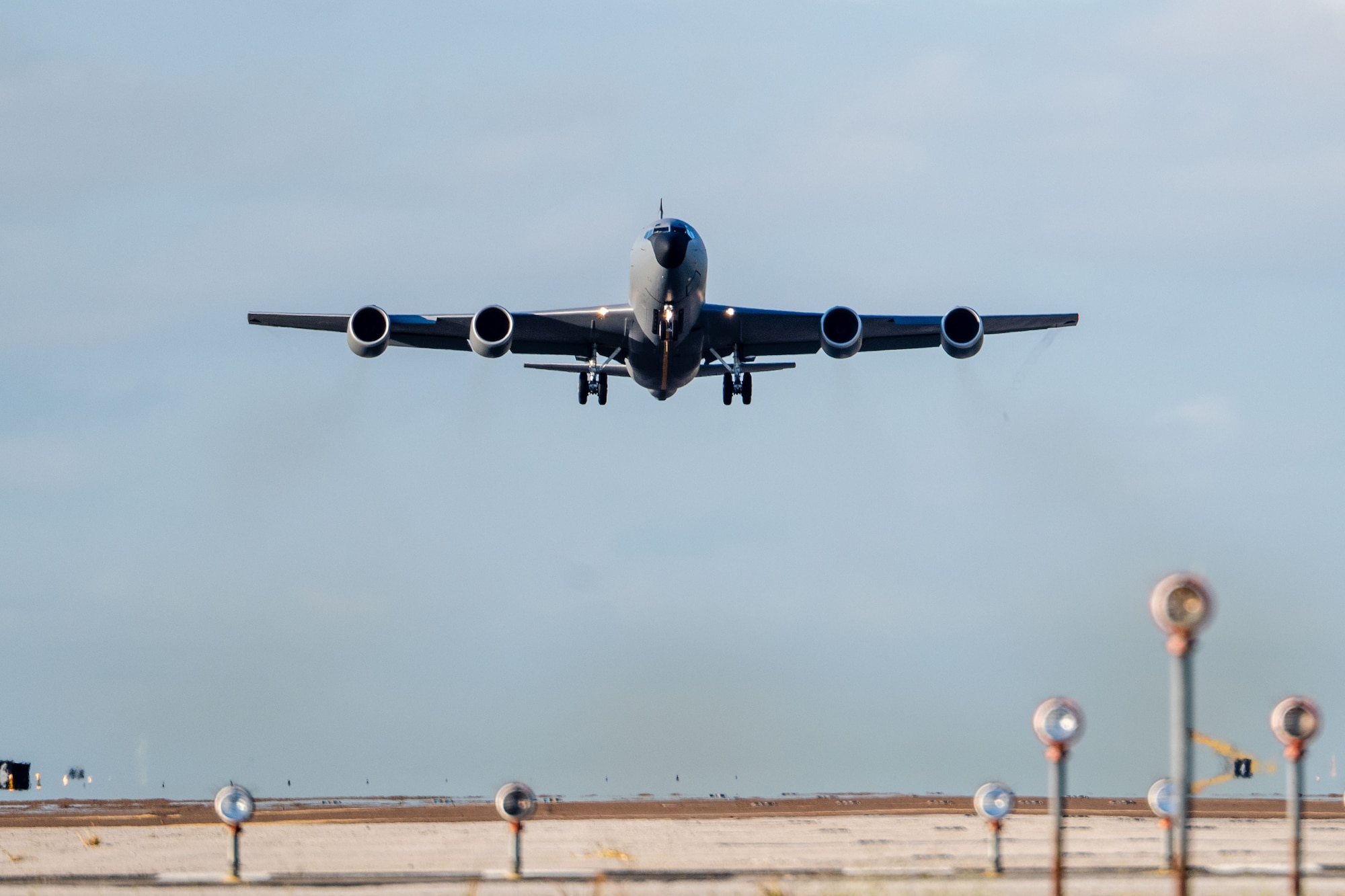 A KC-135 Stratotanker assigned to the 6th Air Refueling Wing departs MacDill Air Force Base, Florida, Oct. 29, 2025. The KC-135 is a key force enabler in executing Air Mobility Command’s mission to deliver rapid global mobility at speed and scale across the competition continuum. (U.S. Air Force photo by Senior Airman Zachary Foster)