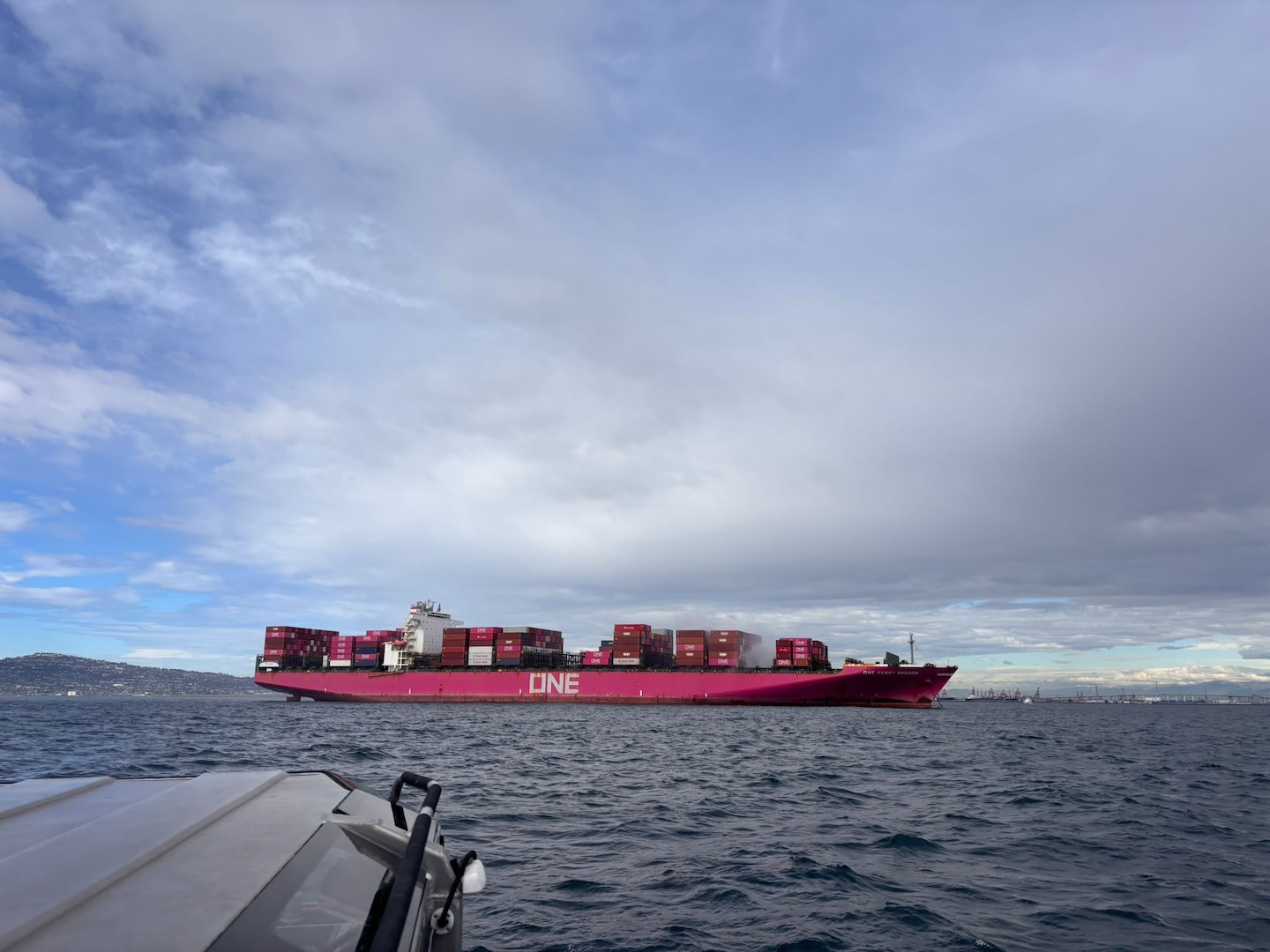 Los Angeles Fire Department fireboats are continuing firefighting operations to stop fire aboard cargo vessel One Henry Hudson off the Port of Los Angeles, Nov. 22, 2025. A unified command was established consisting of Los Angeles Fire Department, Coast Guard, L.A. Port Police was stood up to respond to this incident, when the fire started Friday night. (U.S. Coast Guard Photo by Petty Officer 1st Class Kody Sparks)