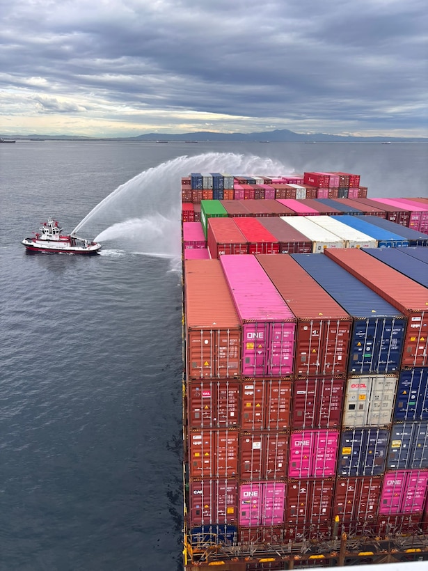 Los Angeles Fire Department fireboats are continuing firefighting operations to stop fire aboard cargo vessel One Henry Hudson off the Port of Los Angeles, Nov. 22, 2025. A unified command was established consisting of Los Angeles Fire Department, Coast Guard, L.A. Port Police was stood up to respond to this incident, when the fire started Friday night. (U.S. Coast Guard Photo by Petty Officer 1st Class Kody Sparks).
