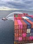 Los Angeles Fire Department fireboats are continuing firefighting operations to stop fire aboard cargo vessel One Henry Hudson off the Port of Los Angeles, Nov. 22, 2025. A unified command was established consisting of Los Angeles Fire Department, Coast Guard, L.A. Port Police was stood up to respond to this incident, when the fire started Friday night. (U.S. Coast Guard Photo by Petty Officer 1st Class Kody Sparks).