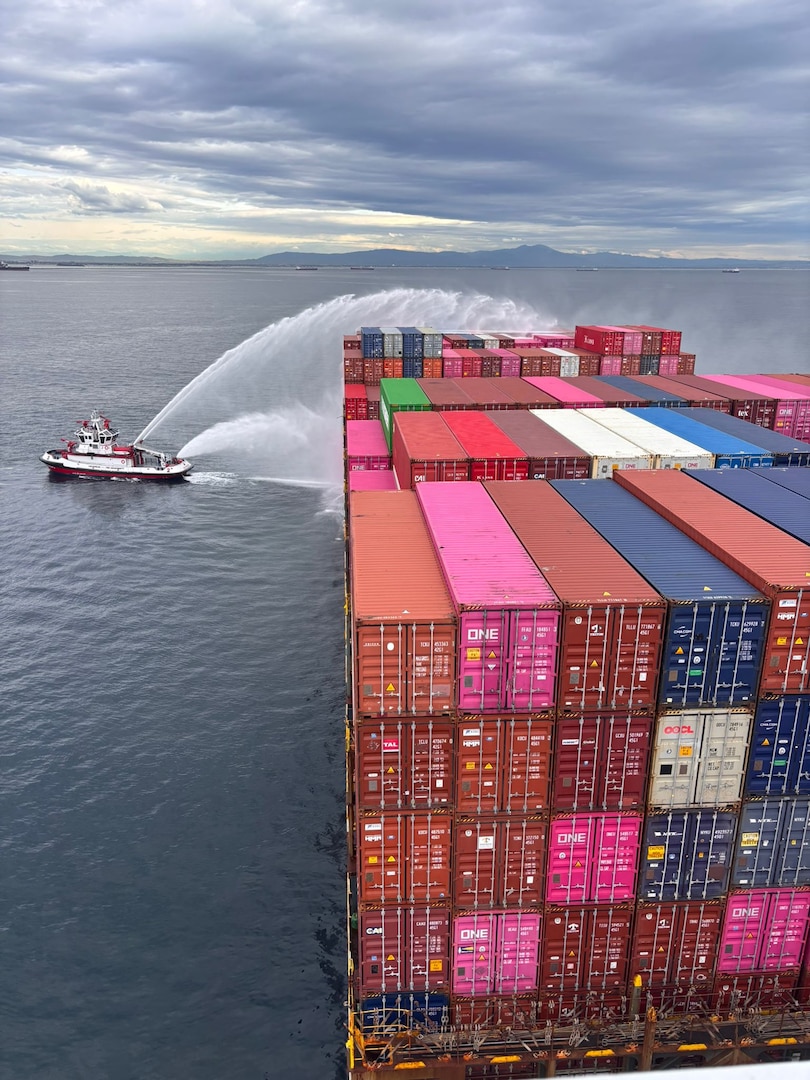 Los Angeles Fire Department fireboats are continuing firefighting operations to stop fire aboard cargo vessel One Henry Hudson off the Port of Los Angeles, Nov. 22, 2025. A unified command was established consisting of Los Angeles Fire Department, Coast Guard, L.A. Port Police was stood up to respond to this incident, when the fire started Friday night. (U.S. Coast Guard Photo by Petty Officer 1st Class Kody Sparks).