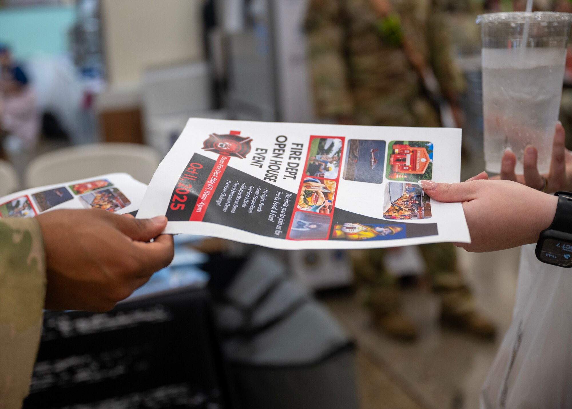 A flyer advertises the Fire Department Open House during Fire Prevention Week at Osan Air Base, Republic of Korea, Oct. 7, 2025. Fire Prevention Week is observed each year during the week of Oct. 9 in commemoration of the Great Chicago Fire of 1871. (U.S. Air Force photos by Staff Sgt. Sarah Williams)