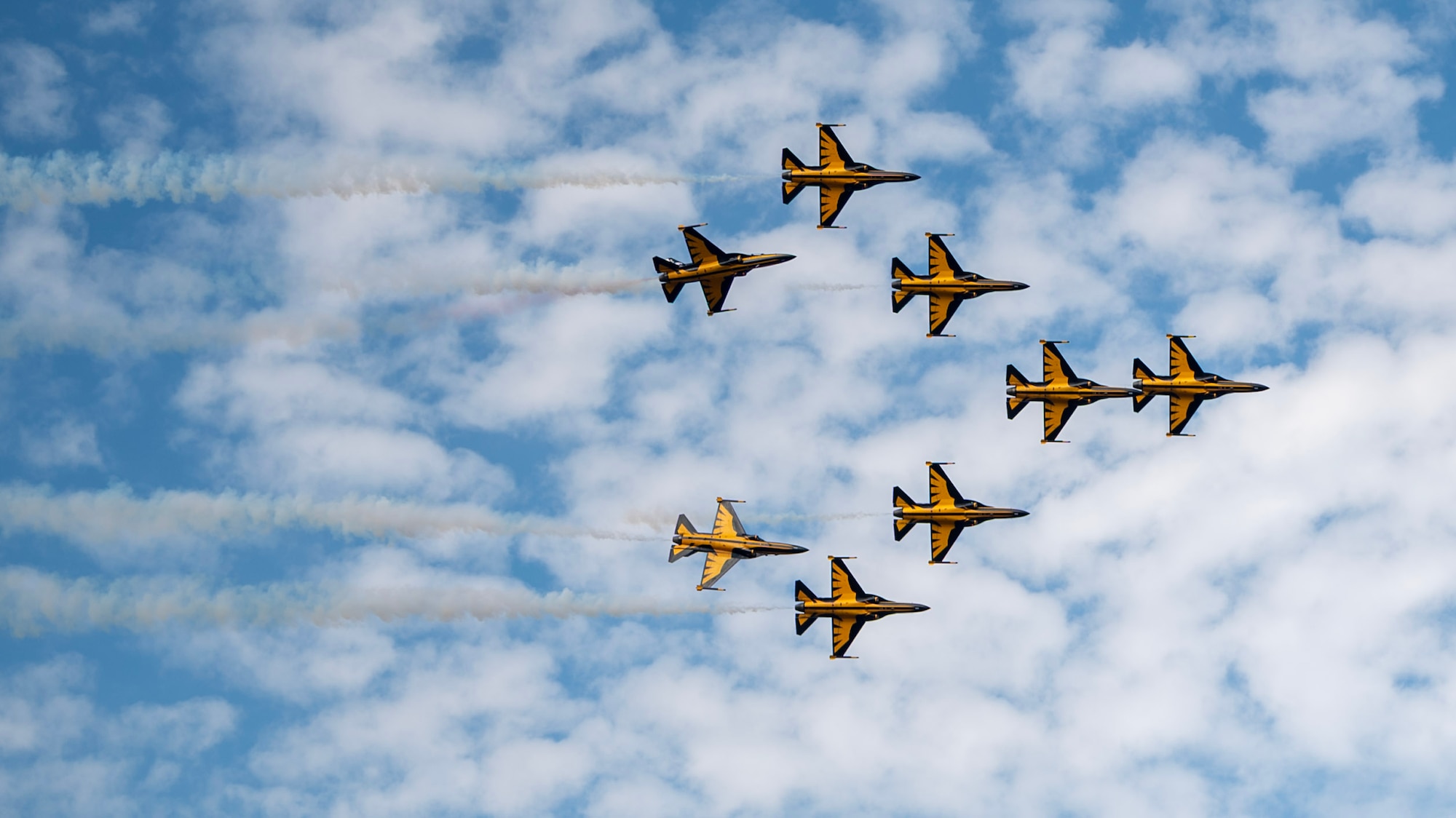 Republic of Korea air force Black Eagles perform aerial maneuvers during the 2025 Seoul International Aerospace and Defense Exhibition at Seoul Air Base, ROK, Oct. 17, 2025. Seoul ADEX 25 strengthened the U.S.-ROK alliance and regional security through cooperation, dialogue, and shared innovation. (U.S. Air Force photo by Staff Sgt. Sarah Williams)