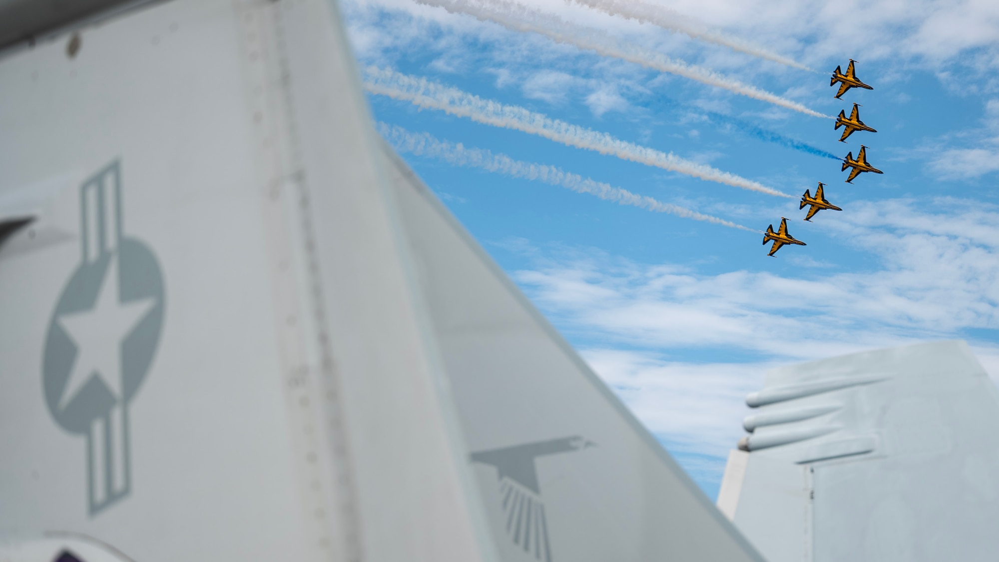 Republic of Korea air force Black Eagles perform aerial maneuvers during the 2025 Seoul International Aerospace and Defense Exhibition at Seoul Air Base, ROK, Oct. 17, 2025. Seoul ADEX 25 strengthened the U.S.-ROK alliance and regional security through cooperation, dialogue, and shared innovation. (U.S. Air Force photo by Staff Sgt. Sarah Williams)