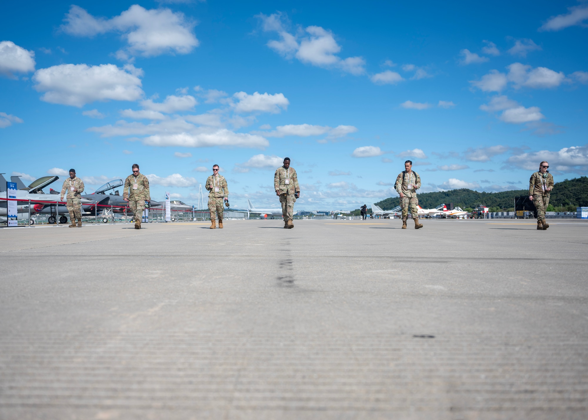 The 36th Fighter Generation Squadron performs a foreign objects debris check before the arrival of an F-16 Fighting Falcon at Seoul Air Base, Republic of Korea, Oct. 16, 2025. Participation in the 2025 Seoul International Aerospace and Defense Exhibition underscored the U.S.’ commitment to regional security and stability on the Korean Peninsula and throughout the Indo-Pacific region. (U.S. Air Force photo by Staff Sgt. Sarah Williams)