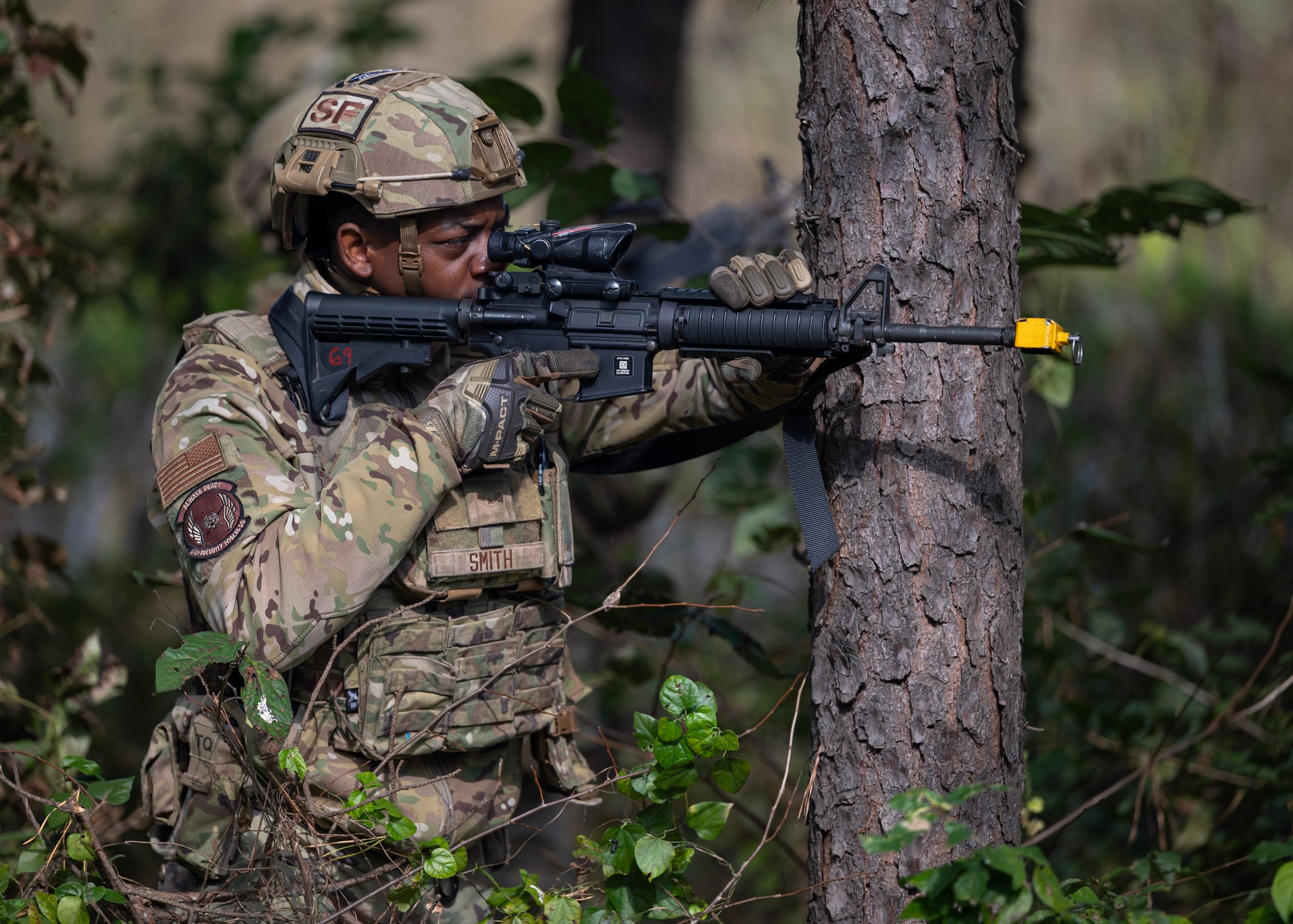 U.S. Air Force Airman 1st Class Josiah Smith, 51st Security Forces Squadron defender, performs dismounted procedures at Osan Air Base, Republic of Korea, Oct. 29, 2025. Combat Readiness Course is a 10-day course which incorporates mounted and dismounted operations, tactical combat casualty care, and buddy drags to better prepare Airmen to defend the base under realistic combat and ground-threat scenarios. (U.S. Air Force photo by Staff Sgt. Sarah Williams)