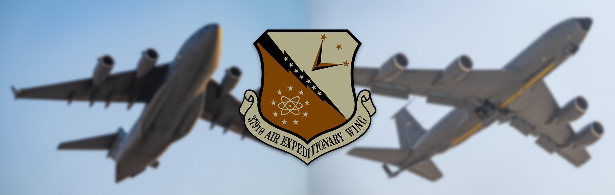 A graphic depicting a C-17 Globemaster III aircraft and a KC-135 Stratotanker aircraft with a 379th Air Expeditionary Wing emblem in the foreground.