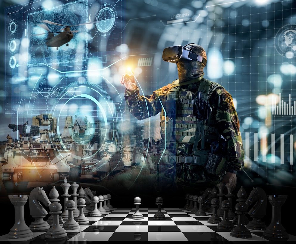 A soldier wears virtual reality glasses; a graphic depiction of a chess set sits in the foreground. Illustration created by NIWC Pacific.