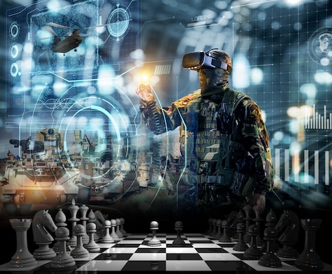 A soldier wears virtual reality glasses; a graphic depiction of a chess set sits in the foreground. Illustration created by NIWC Pacific.