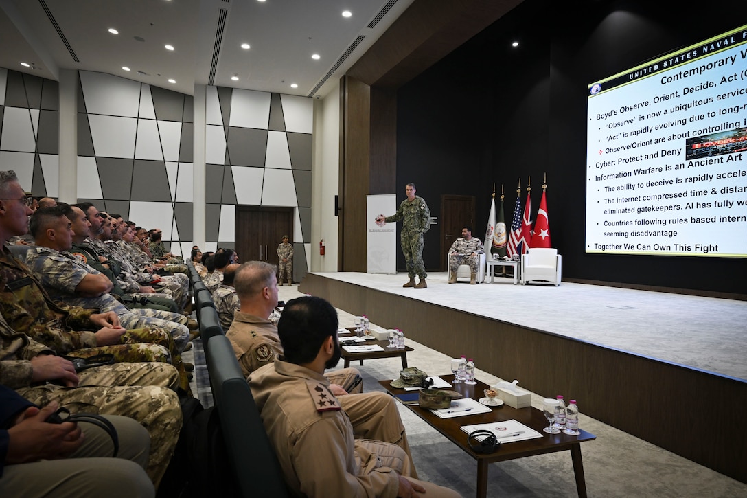 U.S. Navy Vice Adm. Curt Renshaw, commander of U.S. Naval Forces Central Command/U.S. 5th Fleet (NAVCENT/C5F) and Combined Maritime Forces (CMF) speaks during the Exercise Ferocious Falcon 6 Senior Leader Seminar in Doha, Qatar, Nov. 19, 2025. Ferocious Falcon 6 is a biennial, Qatar-hosted multinational joint exercise designed to enhance lethality and combat efficiency among U.S. and allied forces. (U.S. Air Force photo by Senior Master Sgt. Richard P. Ebensberger)