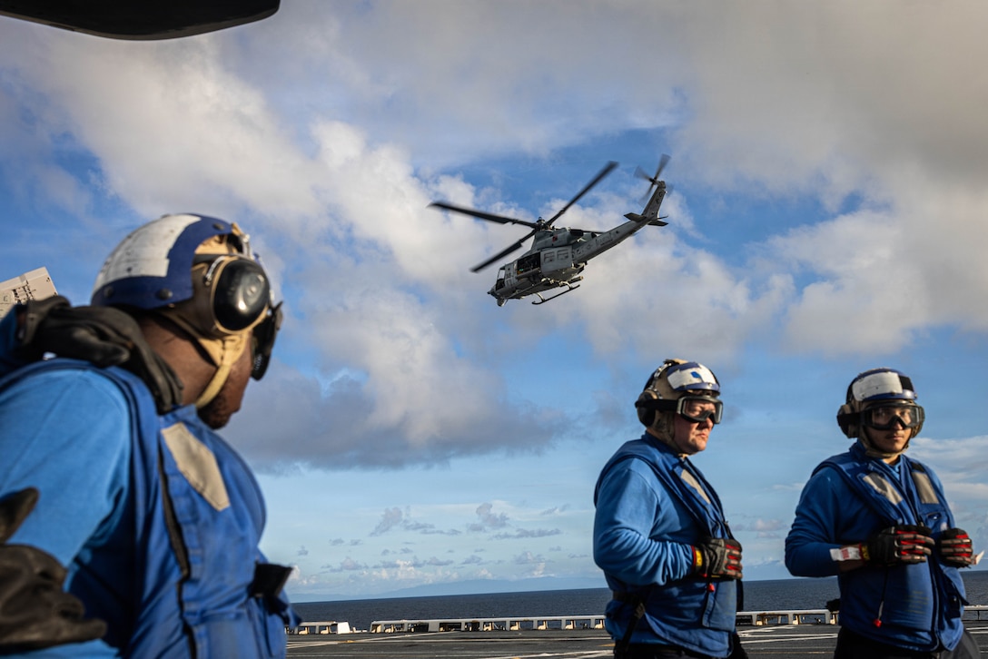 A U.S. Marine Corps UH-1Y Venom helicopter with Marine Medium Tiltrotor Squadron (VMM) 263 (Reinforced), 22nd Marine Expeditionary Unit (Special Operations Capable), takes off from San Antonio-class amphibious transport dock USS Fort Lauderdale (LPD 28) while underway in the Caribbean Sea, Nov. 17, 2025. U.S. military forces are deployed to the Caribbean in support of the U.S. Southern Command mission, Department of War-directed operations, and the president's priorities to disrupt illicit drug trafficking and protect the homeland. (U.S. Marine Corps photo)