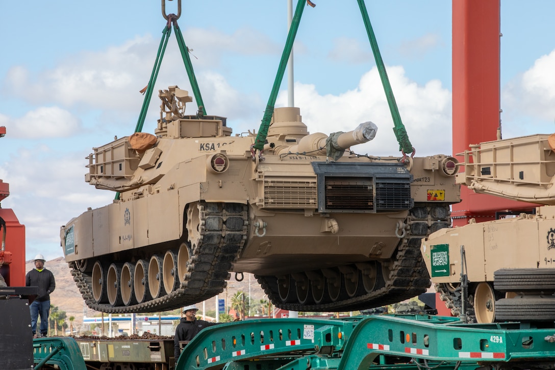 Vehicles and equipment assigned to the Royal Saudi Land Forces (RSLF) are loaded onto a train for shipping to the Kingdom of Saudi Arabia following completion of National Training Center Rotation 26-02 at Fort Irwin, Calif., Nov. 18, 2025. Partnering with U.S. Army Central and 3rd Security Forces Assistance Brigade, the RSLF integrated with 2nd Brigade, 1st Cavalry Division during their first-ever U.S. Army combat training center rotation to improve interoperability and operational effectiveness in a tough, realistic environment. (U.S. Army photo by Staff Sgt. Devon Jones)