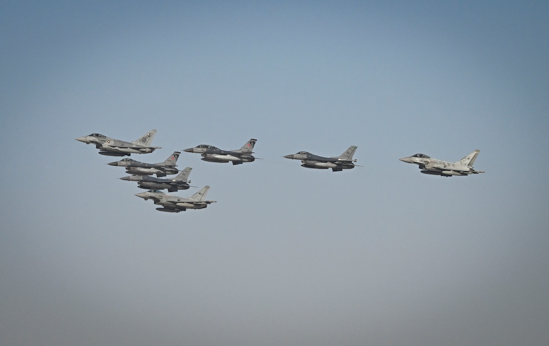Military aircraft from the U.S. Qatar, Italy, the United Kingdom, Turkey and France flyover during exercise Ferocious Falcon 6 within the U.S. Central Command area of responsibility, Nov. 20, 2025. Ferocious Falcon 6 is a biennial, Qatar-hosted multinational joint exercise designed to enhance lethality and combat efficiency among U.S. and allied forces. (U.S. Air Force photo by Senior Master Sgt. Richard P. Ebensberger)