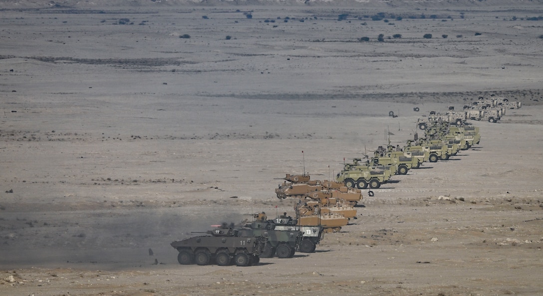 Military personnel from the U.S., Qatar, Italy, the United Kingdom, Turkey and France participate in the exercise Ferocious Falcon 6 live-fire demonstration within the U.S. Central Command area of responsibility, Nov. 20, 2025. Ferocious Falcon 6 is a biennial, Qatar-hosted multinational joint exercise designed to enhance lethality and combat efficiency among U.S. and allied forces. (U.S. Air Force photo by Senior Master Sgt. Richard P. Ebensberger)