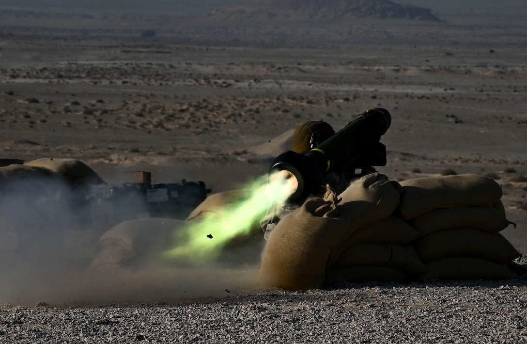 A member of the Qatar military fires a Javelin shoulder-fired anti-tank missile during the exercise Ferocious Falcon live-fire demonstration within the U.S. Central Command area of responsibility, Nov. 20, 2025. Ferocious Falcon 6 is a biennial, Qatar-hosted multinational joint exercise designed to enhance lethality and combat efficiency among U.S. and allied forces. (U.S. Air Force photo by Senior Master Sgt. Richard P. Ebensberger)