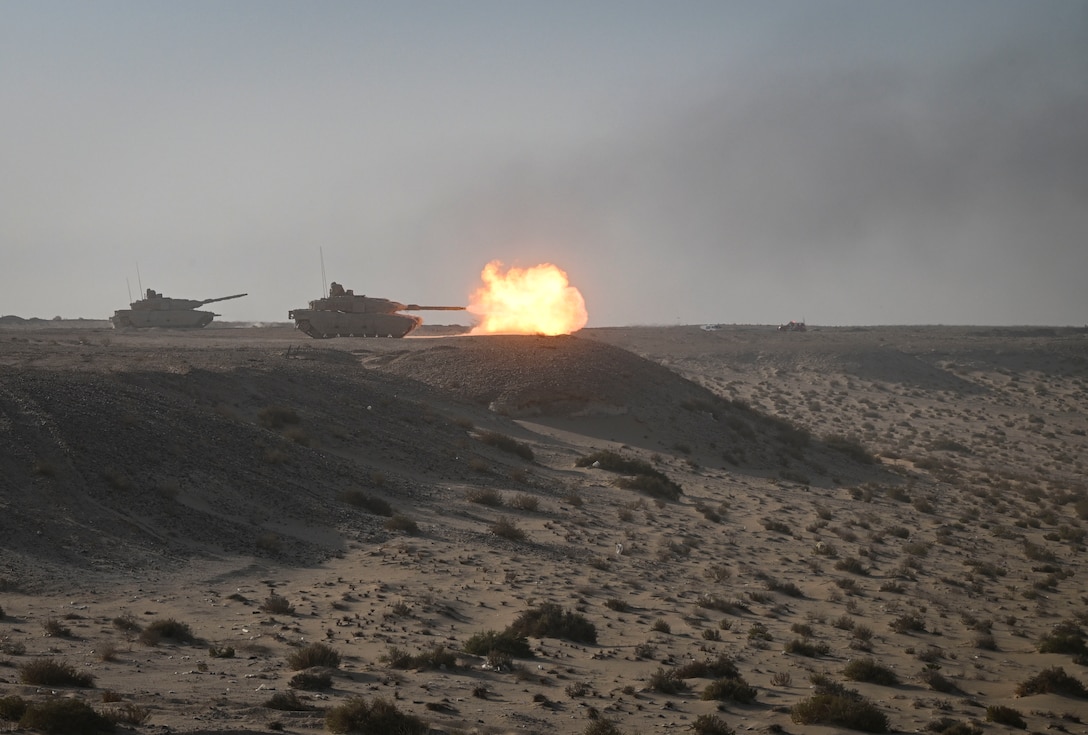 Military equipment from Qatar, Italy, the United Kingdom, Turkey and France is demonstrated during exercise Ferocious Falcon 6 within the U.S. Central Command area of responsibility, Nov. 20, 2025. Ferocious Falcon 6 is a biennial, Qatar-hosted multinational joint exercise designed to enhance lethality and combat efficiency among U.S. and allied forces. (U.S. Air Force photo by Senior Master Sgt. Richard P. Ebensberger)