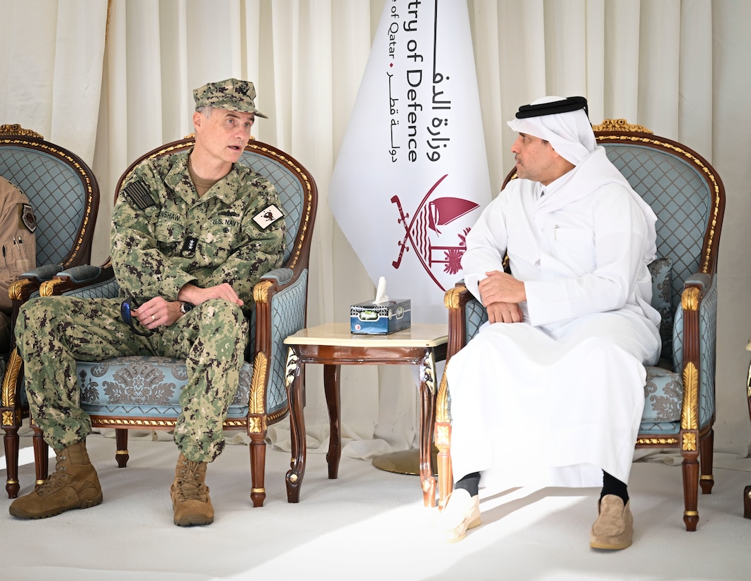 U.S. Navy Vice Adm. Curt Renshaw, commander of U.S. Naval Forces Central Command/U.S. 5th Fleet (NAVCENT/C5F) and Combined Maritime Forces (CMF), speaks with Deputy Prime Minister and Minister of State for Defence Affairs His Excellency Sheikh Saoud bin Abdulrahman bin Hassan bin Ali Al-Thani during the the exercise Ferocious Falcon 6 live-fire demonstration within the U.S. Central Command area of responsibility, Nov. 20, 2025. Ferocious Falcon 6 is a biennial, Qatar-hosted multinational joint exercise designed to enhance lethality and combat efficiency among U.S. and allied forces. (U.S. Air Force photo by Senior Master Sgt. Richard P. Ebensberger)