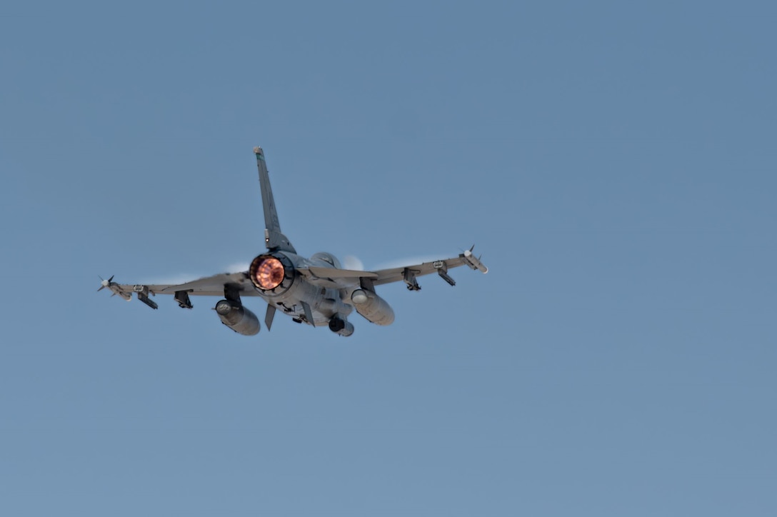 A U.S. Air Force F-16C Fighting Falcon aircraft pilot assigned to the 555th Expeditionary Fighter Squadron performs an unrestricted climb during exercise Ferocious Falcon 6 in the U.S. Central Command area of responsibility, Nov. 18, 2025. Ferocious Falcon 6 builds interoperability between allied nations

while showcasing unified military capabilities against potential adversaries in the region. (U.S. Air Force photo by Tech. Sgt. Kristen Pittman)