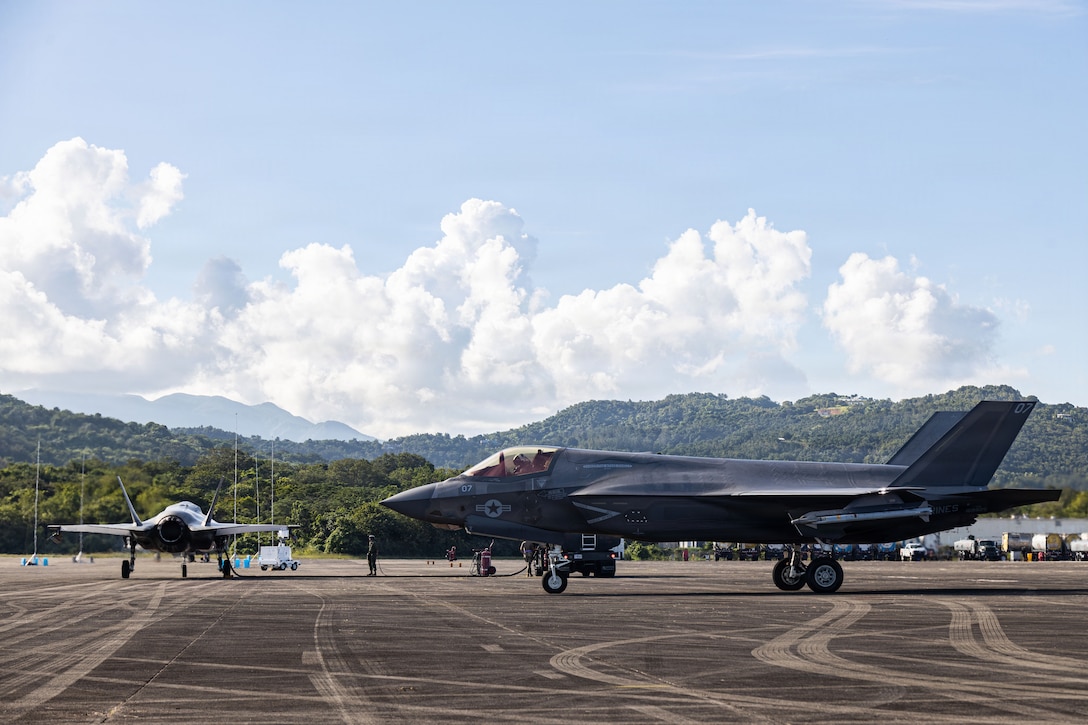 U.S. Marine Corps F-35B Lightning II aircraft assigned to Marine Fighter Attack Squadron (VMFA) 225, U.S. Marine Corps Forces, South, are refueled by the 346th Air Expeditionary Wing at Jose Aponte de la Torre Airport in Ceiba, Puerto Rico, Nov. 17, 2025. U.S. military forces are deployed to the Caribbean in support of the U.S. Southern Command mission, Department of War-directed operations, and the president’s priorities to disrupt illicit drug trafficking and protect the homeland. (U.S. Marine Corps photo)