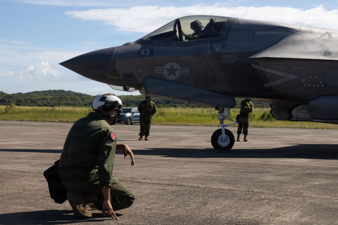U.S. Marines with Marine Fighter Attack Squadron (VMFA) 225, U.S. Marine Corps Forces, South, prepare to launch a U.S. Marine Corps F-35B Lightning II assigned to VMFA-225 at Jose Aponte de la Torre Airport in Ceiba, Puerto Rico, Nov. 17, 2025. U.S. military forces are deployed to the Caribbean in support of the U.S. Southern Command mission, Department of War-directed operations, and the president’s priorities to disrupt illicit drug trafficking and protect the homeland. (U.S. Marine Corps photo)