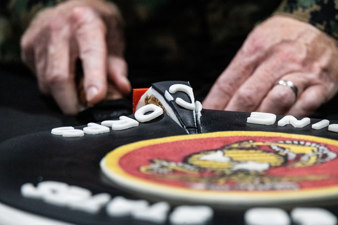 The commanding officer of Marine Fighter Attack Squadron (VMFA) 225, U.S. Marine Corps Forces, South, cuts the Marine Corps’ 250th birthday cake at Jose Aponte de la Torre Airport in Ceiba, Puerto Rico, Nov. 14, 2025. U.S. military forces are deployed to the Caribbean in support of the U.S. Southern Command mission, Department of War-directed operations, and the president’s priorities to disrupt illicit drug trafficking and protect the homeland. (U.S. Marine Corps photo)